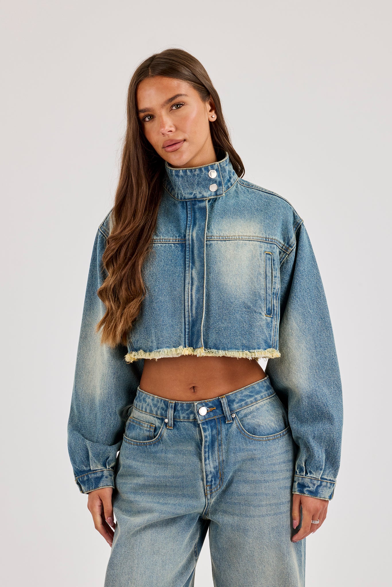 Super Crop Funnel Neck Denim Jacket - Antique Wash